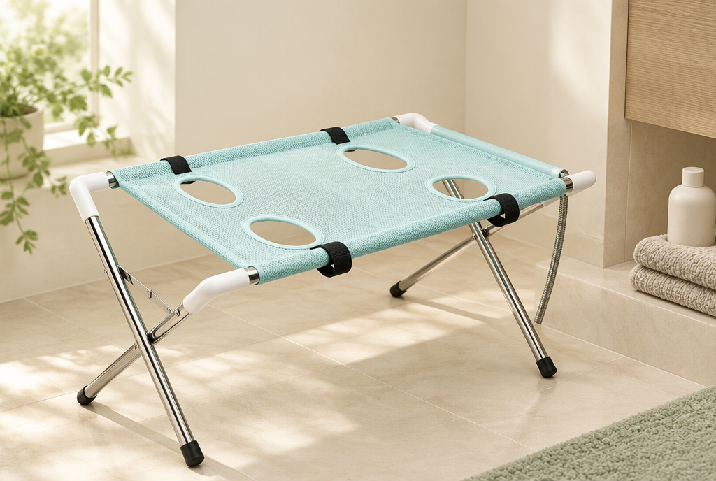 The PerriPaws folding stainless steel bathing and grooming rack stands set up and empty on bathroom tile, its open mesh top and leg openings visible.