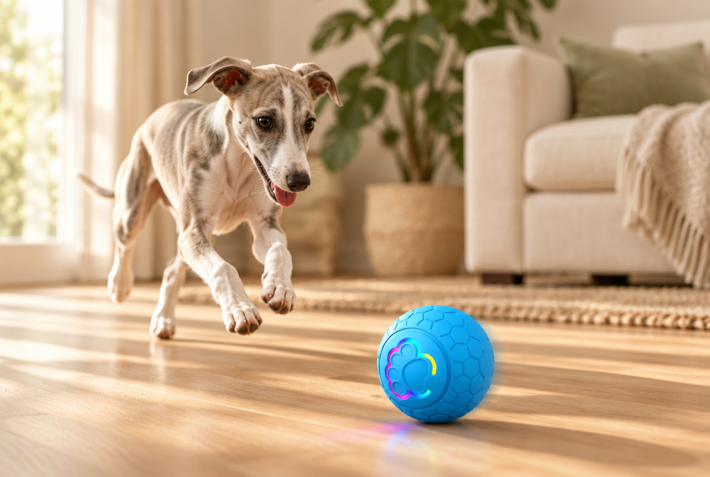 A terrier runs after a blue glowing PerriPaws bouncing LED pet ball rolling across a light oak living room floor.