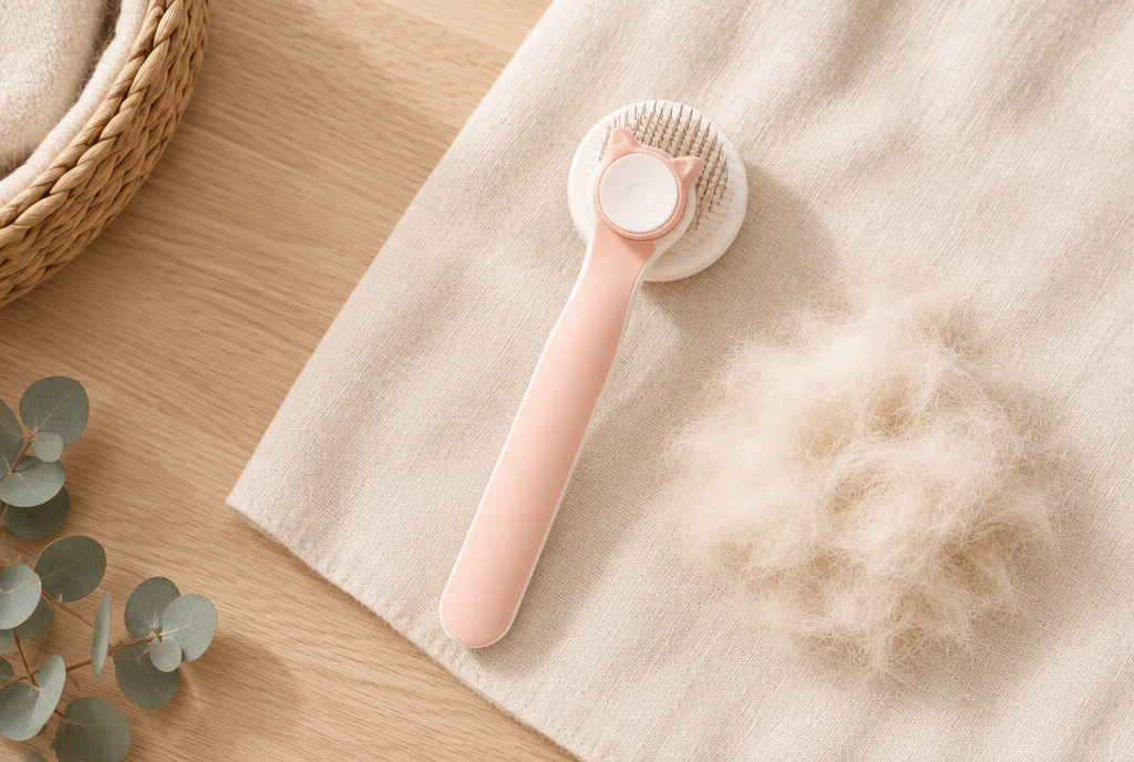 A peach-pink PerriPaws round self-cleaning slicker brush laid flat on linen beside the disc of fur released from its pins.
