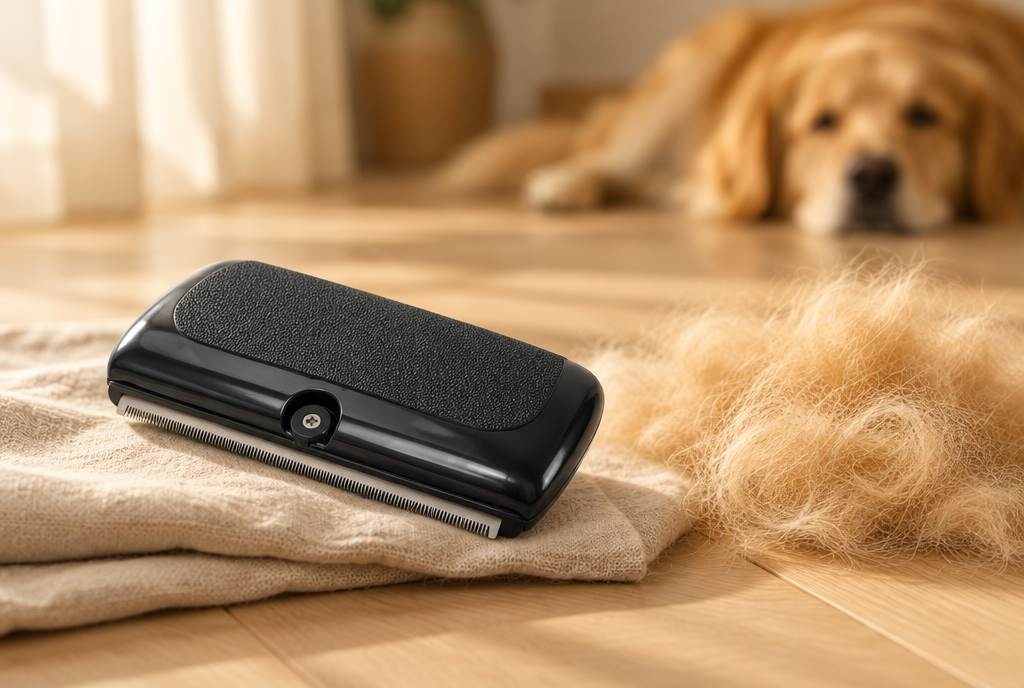 The black PerriPaws handheld deshedding tool on linen beside a thick mat of lifted golden undercoat, a retriever resting behind.
