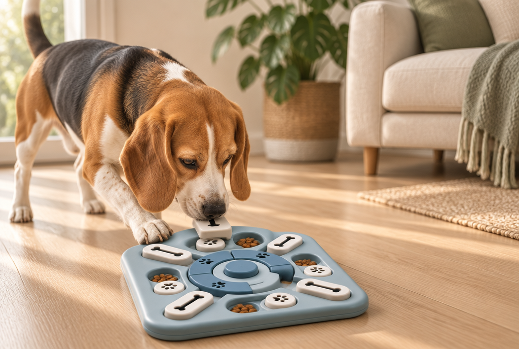 A beagle noses a sliding block aside on a blue PerriPaws dog puzzle board on a light oak floor.