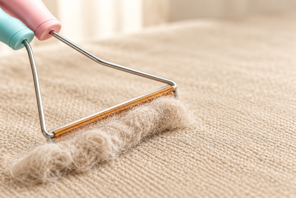 Close view of the PerriPaws fabric hair remover mid-stroke across woven upholstery, a thick roll of lifted pet hair gathering ahead of its copper blade.