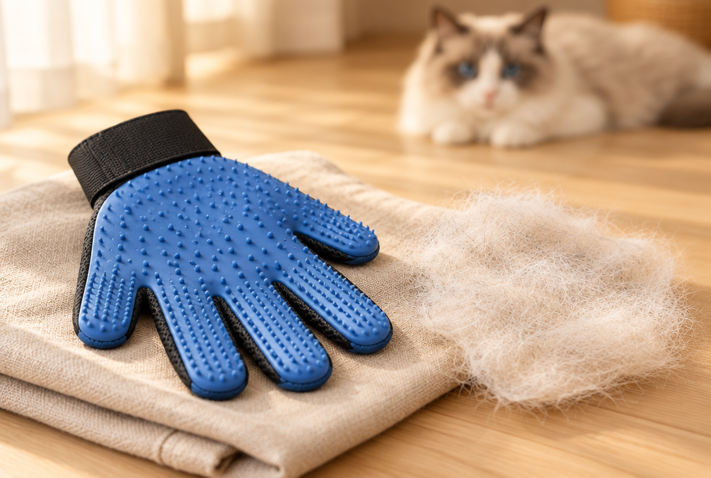 A blue PerriPaws five-finger silicone grooming glove lies palm-up on linen with a mat of fur peeled from its nubs, a long-haired cat behind.