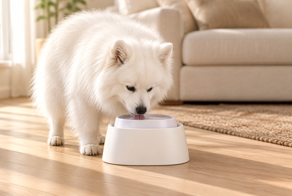 A fluffy white dog drinks through the opening in the floating disc of a white PerriPaws no-splash water bowl, chin dry and floor unspilled.