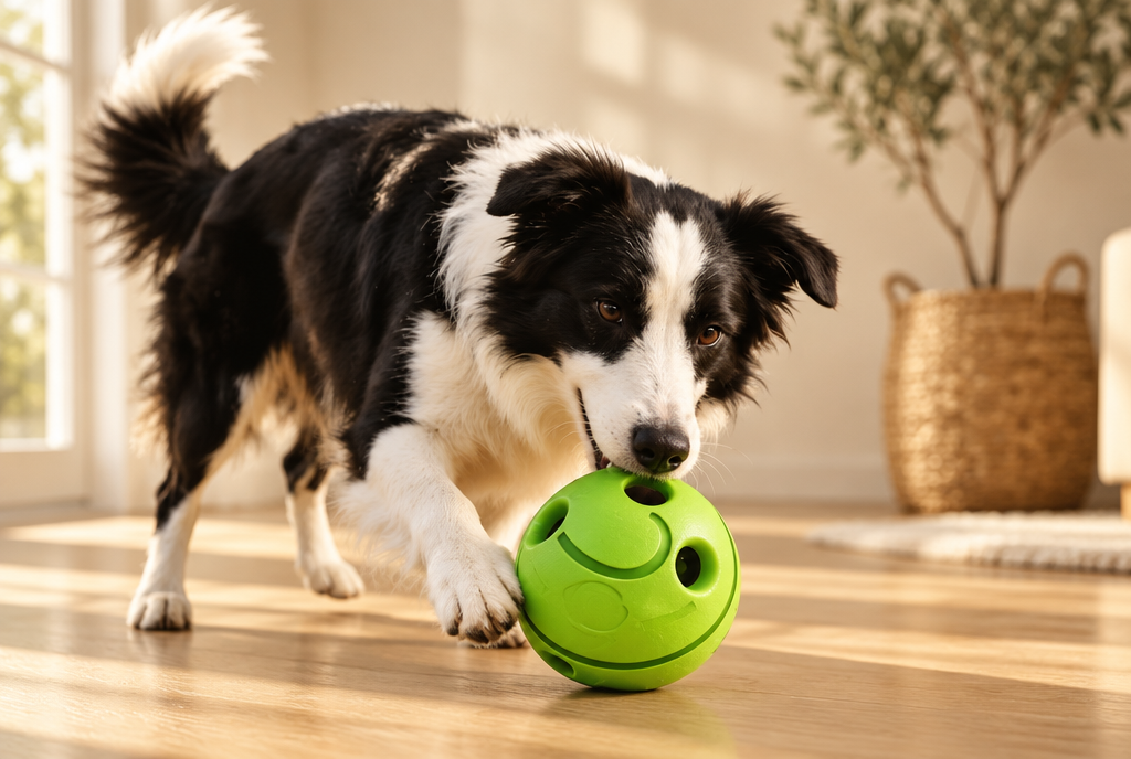 A border collie picks up a green PerriPaws giggle sound ball by one of its round grab holes on a sunlit oak floor.