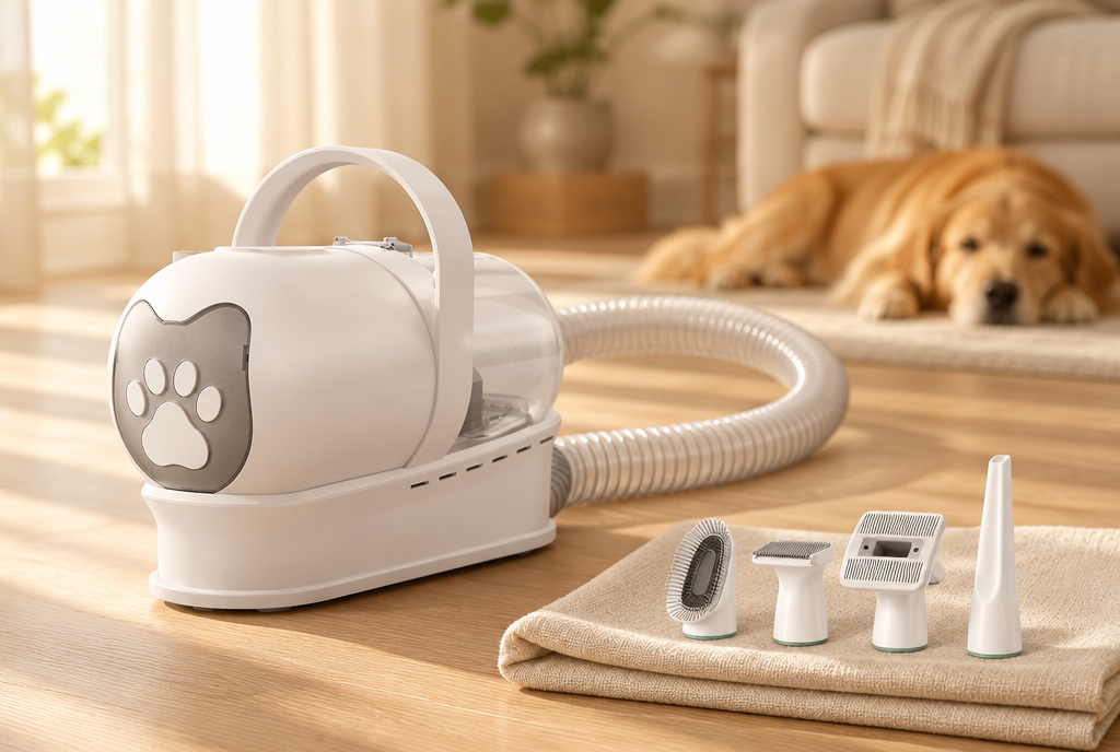The white PerriPaws grooming vacuum canister with its hose and four comb attachments laid out on linen, a retriever resting behind.