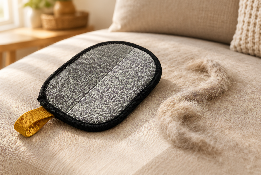 The PerriPaws reusable hair remover glove rests on a cream sofa cushion beside a peeled strip of collected pet hair.