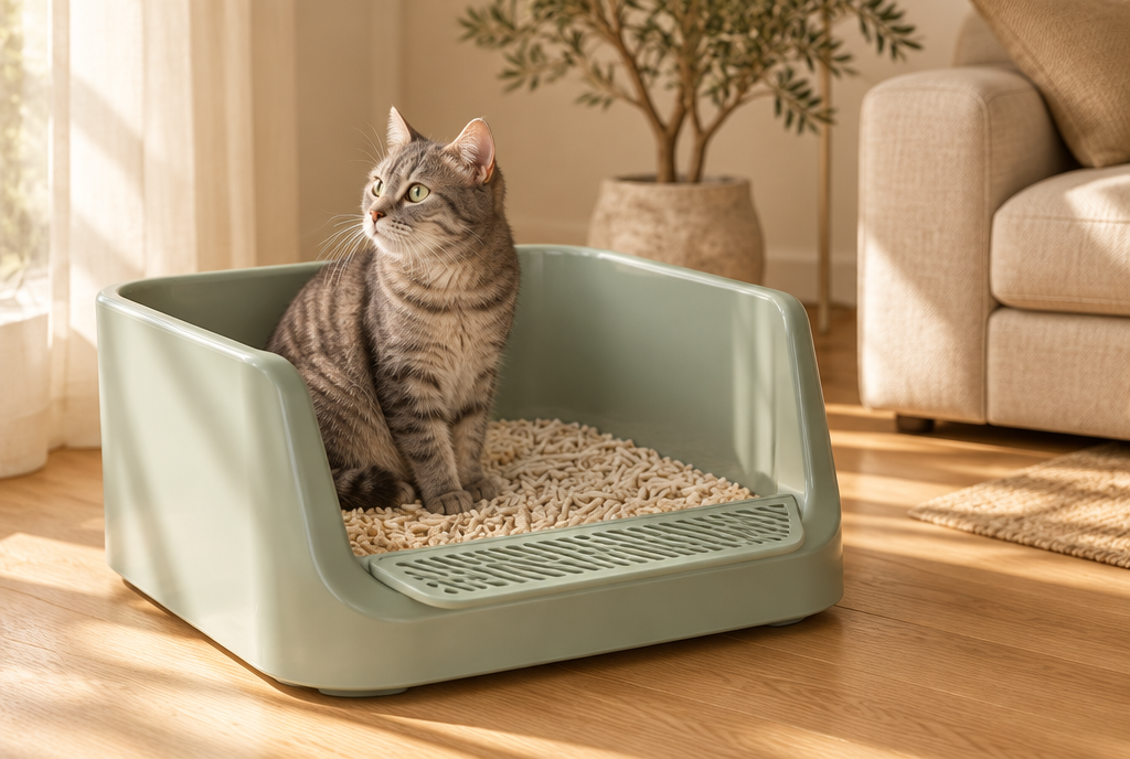 A grey tabby cat sits inside a mint green high-sided semi-enclosed PerriPaws litter tray with an open top, in a sunlit living room.