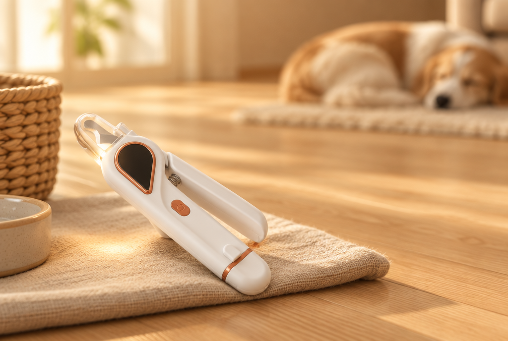 The white PerriPaws LED pet nail clipper rests on folded linen on an oak floor, its LED casting a warm pool of light, with a dog asleep out of focus behind.
