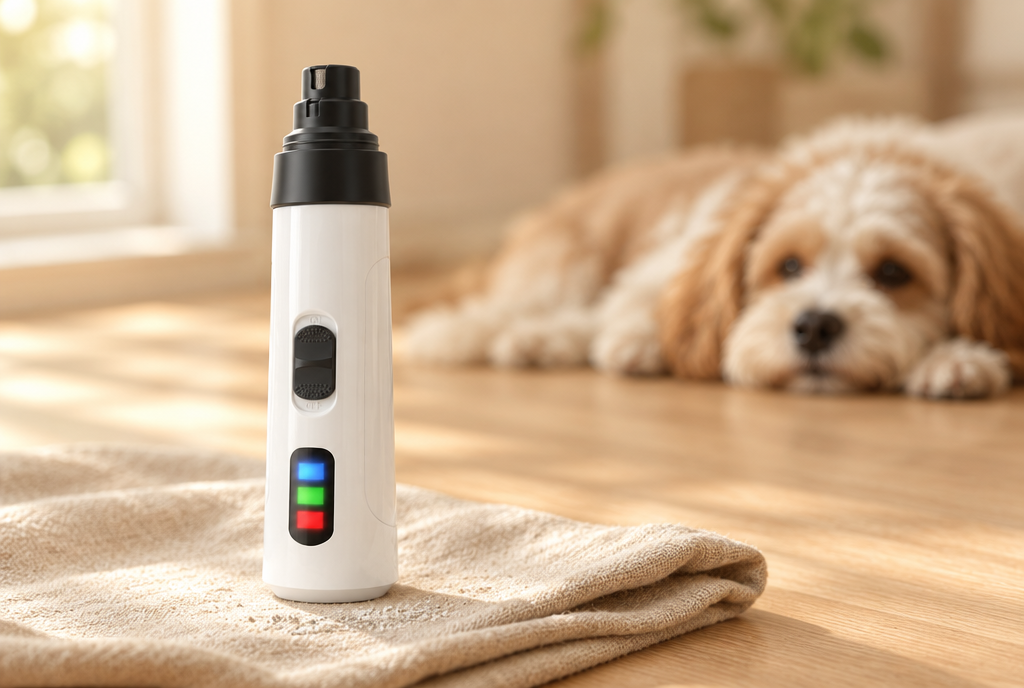 The white cylindrical PerriPaws LED nail grinder stands upright on folded linen, status light glowing, with a dog resting out of focus behind.