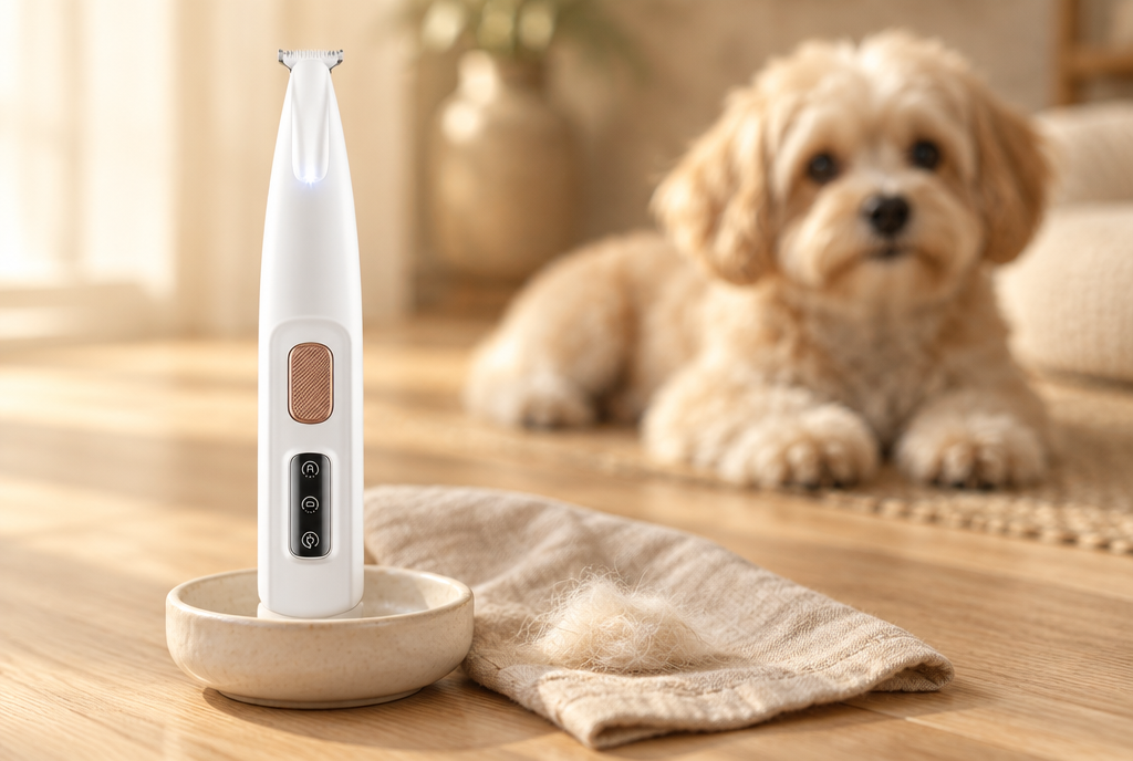 The slim white PerriPaws LED paw trimmer stands in a ceramic dish on an oak floor with a small tuft of trimmed fur beside it, a doodle waiting behind.