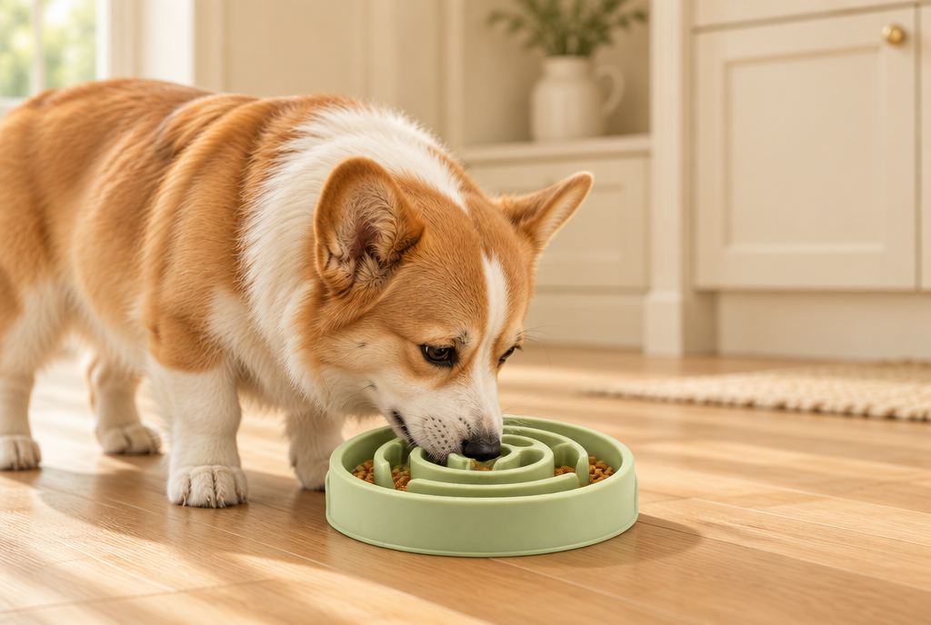 A corgi eats from a sage green PerriPaws maze slow feeder bowl, nose down between the raised ridges, on a kitchen floor.