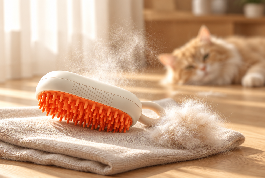 The PerriPaws mist grooming brush with soft orange silicone teeth on folded linen, mist drifting in the light and a clump of lifted cat fur beside it.