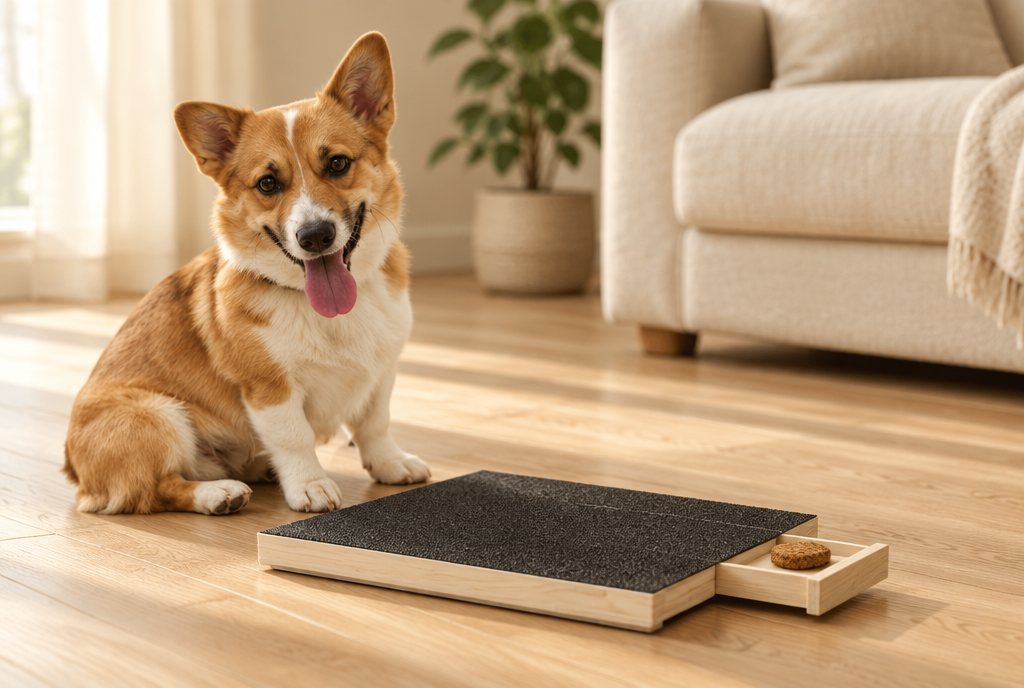 A corgi sits beside the PerriPaws wooden nail scratch board on an oak floor, its treat drawer pulled open with a biscuit inside.