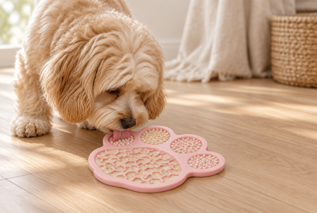 A small fluffy dog licks soft food from a pink paw-shaped PerriPaws silicone lick mat on a light oak floor.