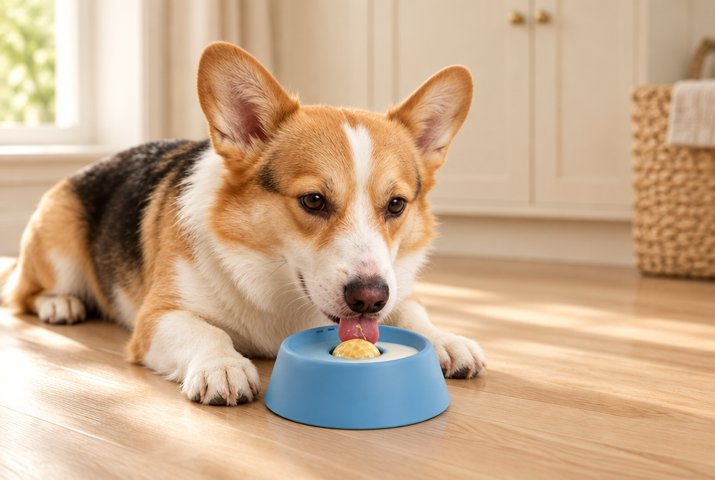 A corgi licks the free-rolling ball at the centre of a blue PerriPaws lick bowl on a light oak kitchen floor.
