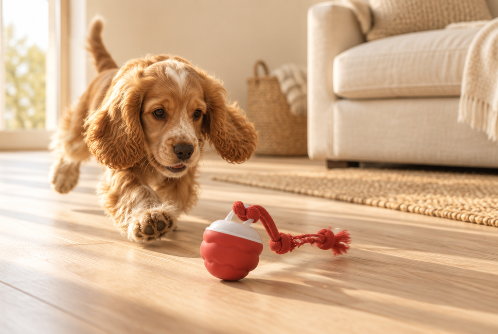 A cocker spaniel puppy chases a red PerriPaws rolling ball trailing its braided rope tail across an oak floor.
