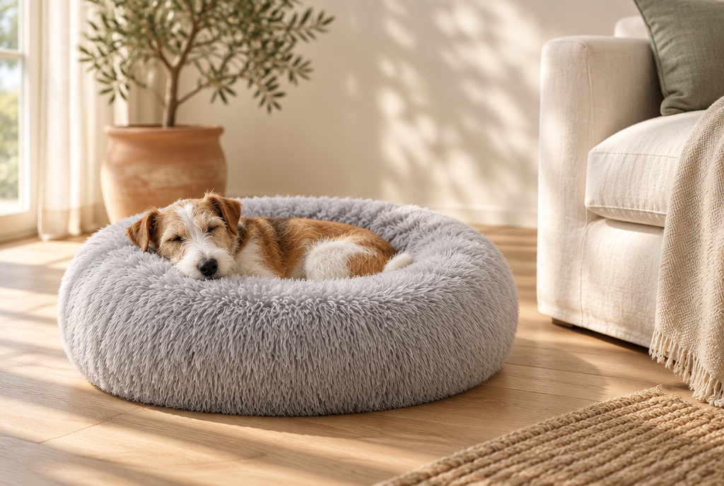 A small terrier sleeps curled in a dove grey PerriPaws round plush donut bed with a raised bolster rim, beside a cream sofa.