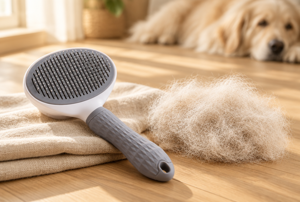 A grey PerriPaws self-cleaning slicker brush on linen with a large mat of lifted undercoat beside it and a long-haired dog resting behind.