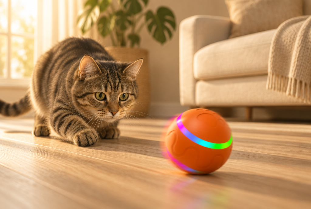 A tabby cat crouches ready to pounce on an orange PerriPaws self-rolling ball, its coloured light band glowing on the floor.