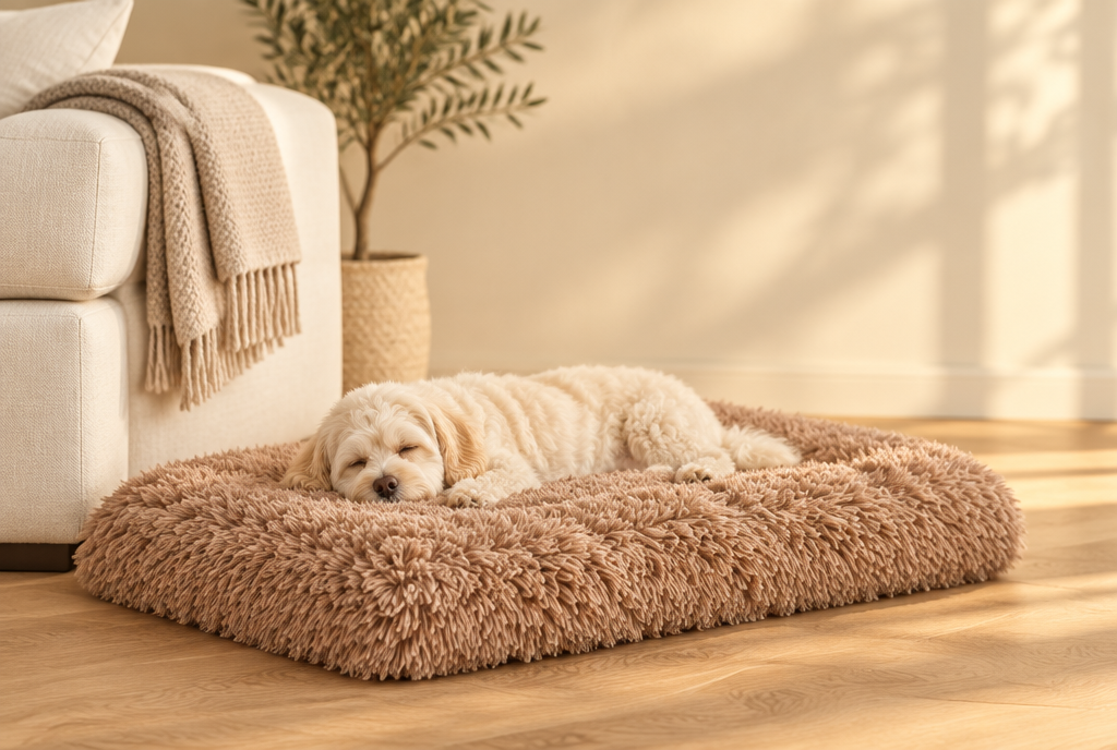 A small cream dog sleeps stretched out on a flat light brown deep-pile PerriPaws shag crate pad on a light oak floor.