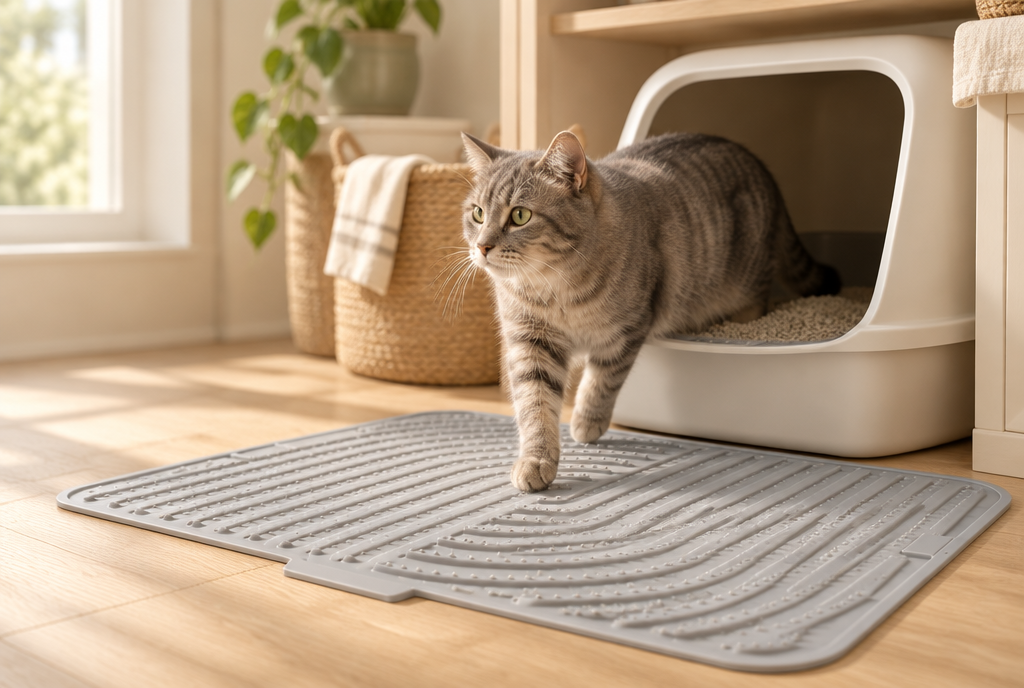 A grey tabby cat steps off a covered litter box onto a grey grooved silicone PerriPaws litter mat on a light oak floor.