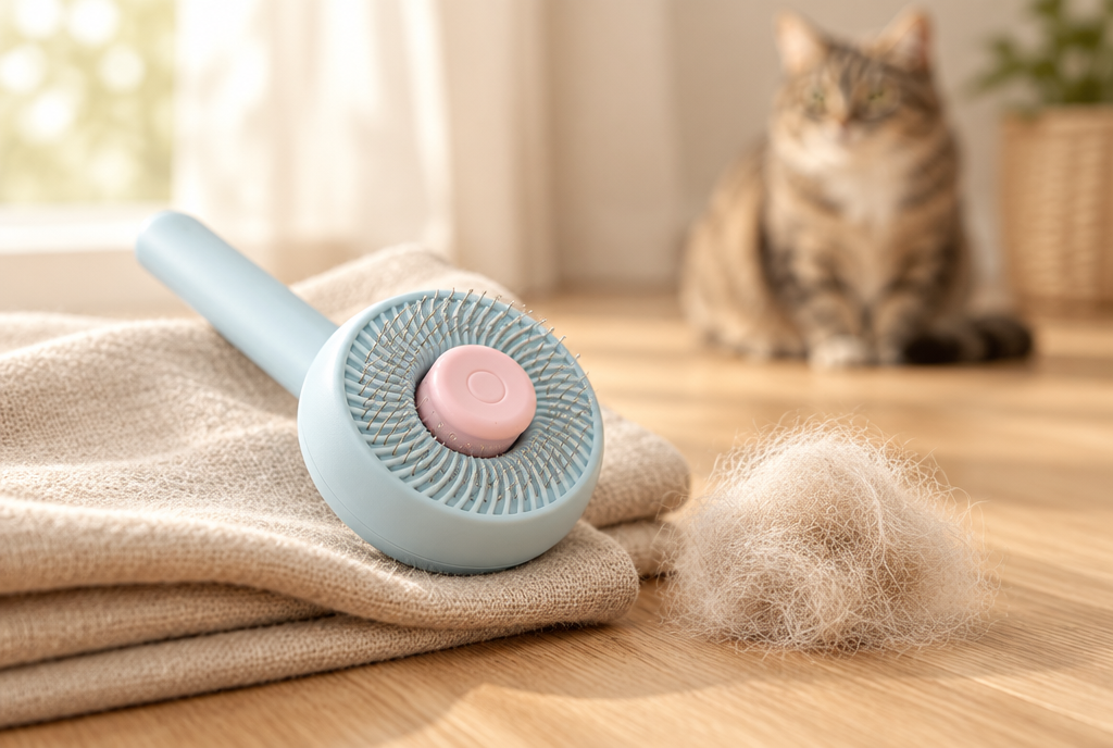 A pale blue PerriPaws swirl self-cleaning slicker brush, its spiral pin pattern visible, on linen beside a clump of lifted fur with a tabby cat behind.