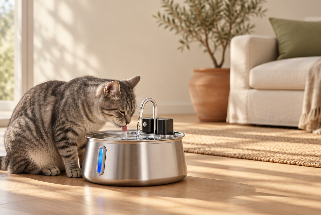 A grey tabby cat drinks from the falling stream of a brushed stainless steel PerriPaws water fountain on a light oak floor, its blue level window lit, in a sunlit living room.
