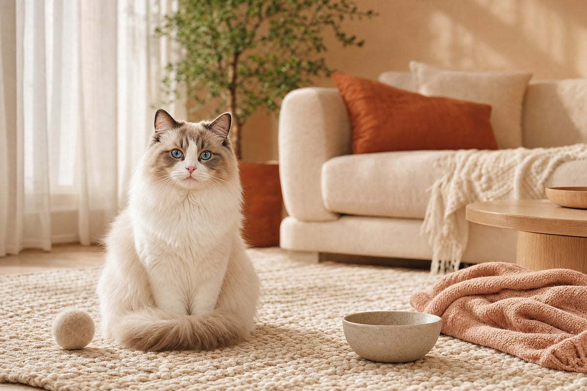 Ragdoll cat sitting on a cream rug in a warm living room beside a plush ball, a bowl and a folded blanket