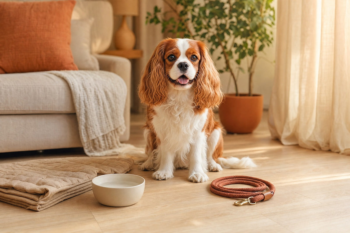 Cavalier King Charles Spaniel sitting in a warm living room beside a folded mat, a bowl and a coiled leash