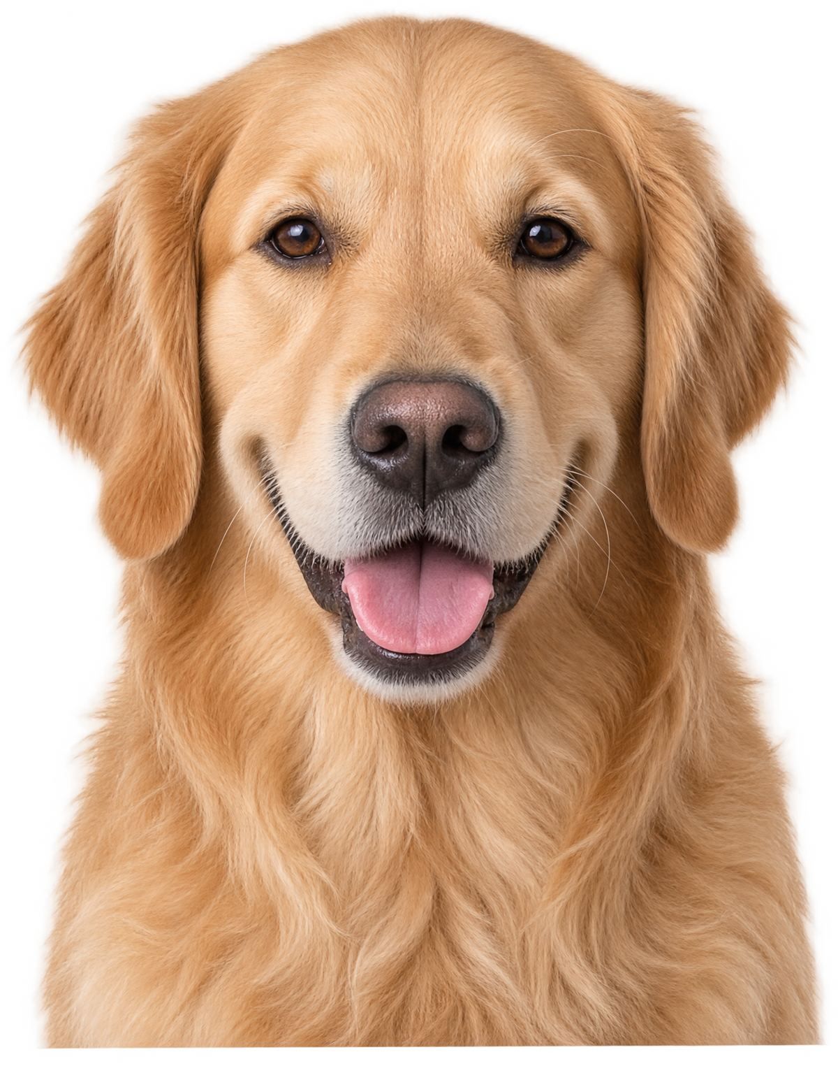 A golden retriever looking toward the camera with a relaxed, friendly expression