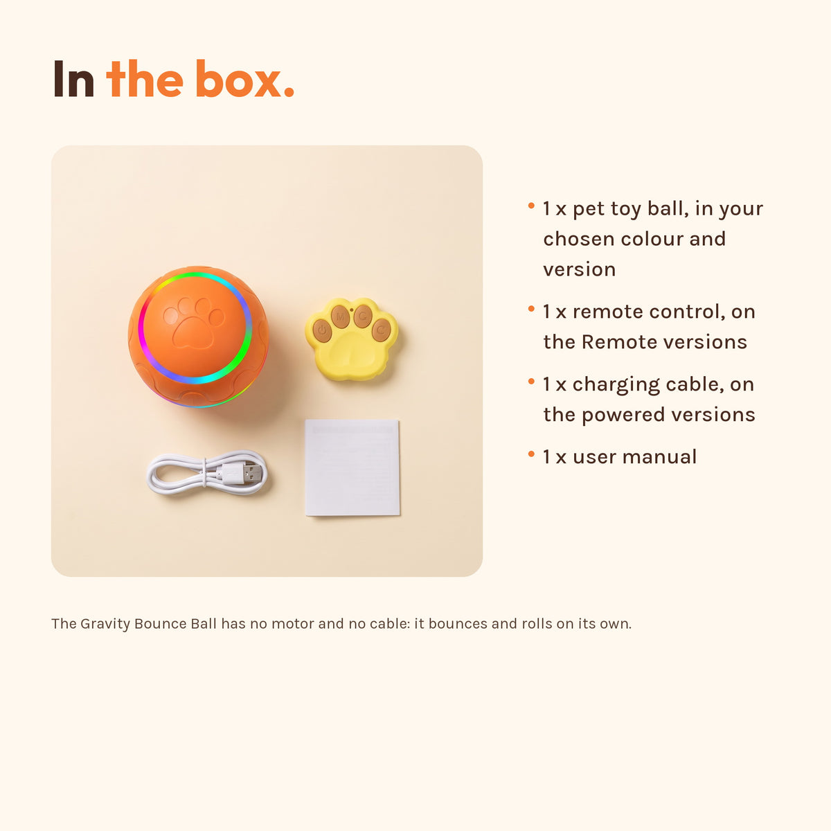Overhead view of the ball, paw-shaped remote, USB cable and manual. In the box: one ball in your chosen colour and version, one remote on the Remote versions, one charging cable on the powered versions, one user manual.