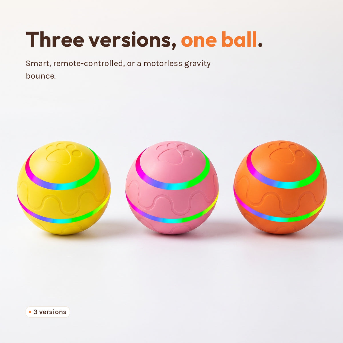 Three of the ball in a row, yellow, pink and orange. Caption: three versions, one ball. Smart, remote-controlled, or a motorless gravity bounce.
