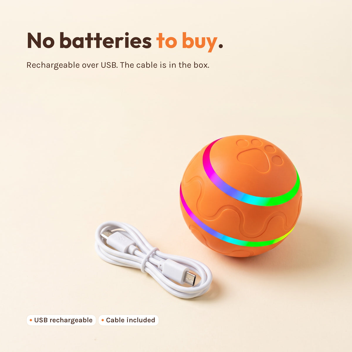 The orange ball beside a coiled white USB charging cable. Caption: no batteries to buy, rechargeable over USB with the cable in the box.
