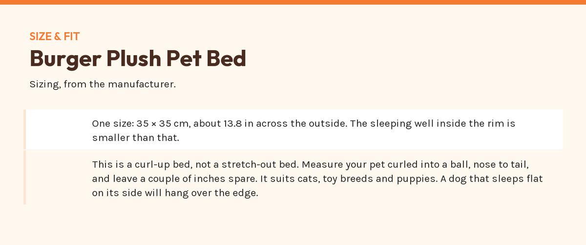 Burger Plush Pet Bed — size and fit chart from the manufacturer's published figures