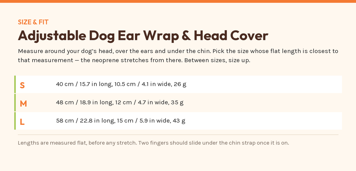 Adjustable Dog Ear Wrap & Head Cover — size and fit chart from the manufacturer's published figures