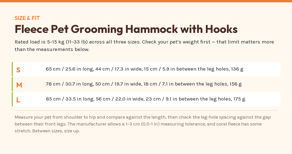 Fleece Pet Grooming Hammock with Hooks — size and fit chart from the manufacturer's published figures