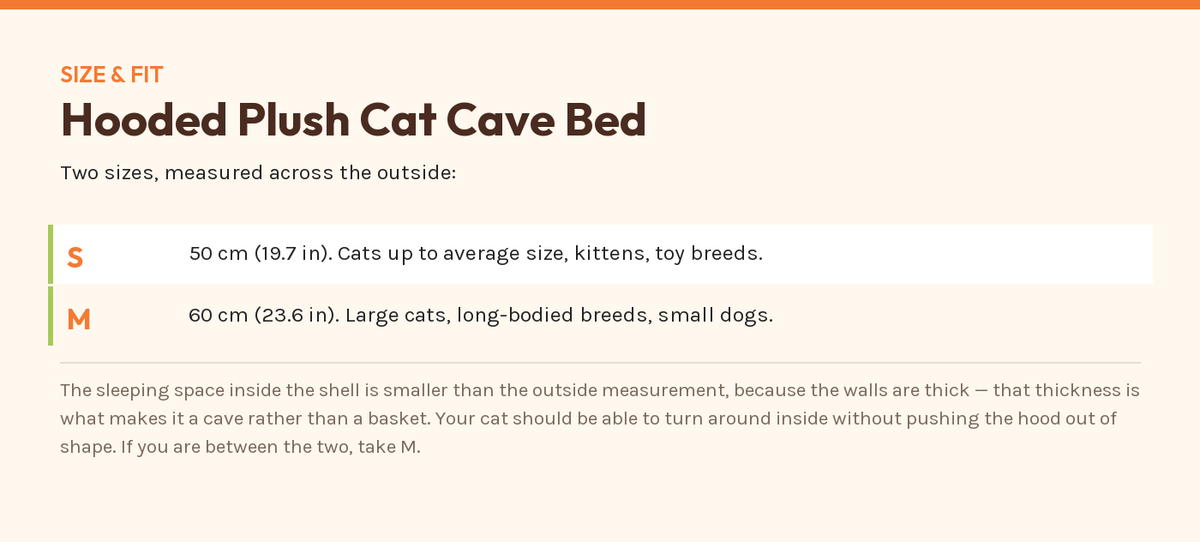 Hooded Plush Cat Cave Bed — size and fit chart from the manufacturer's published figures