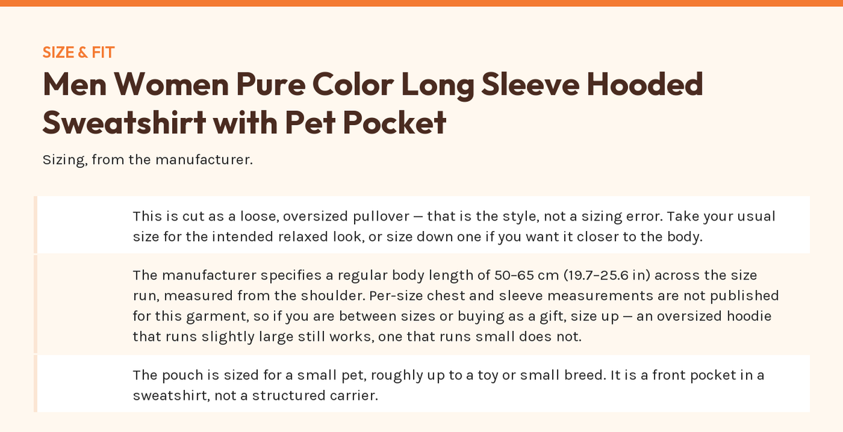 Men Women Pure Color Long Sleeve Hooded Sweatshirt with Pet Pocket — size and fit chart from the manufacturer's published figures