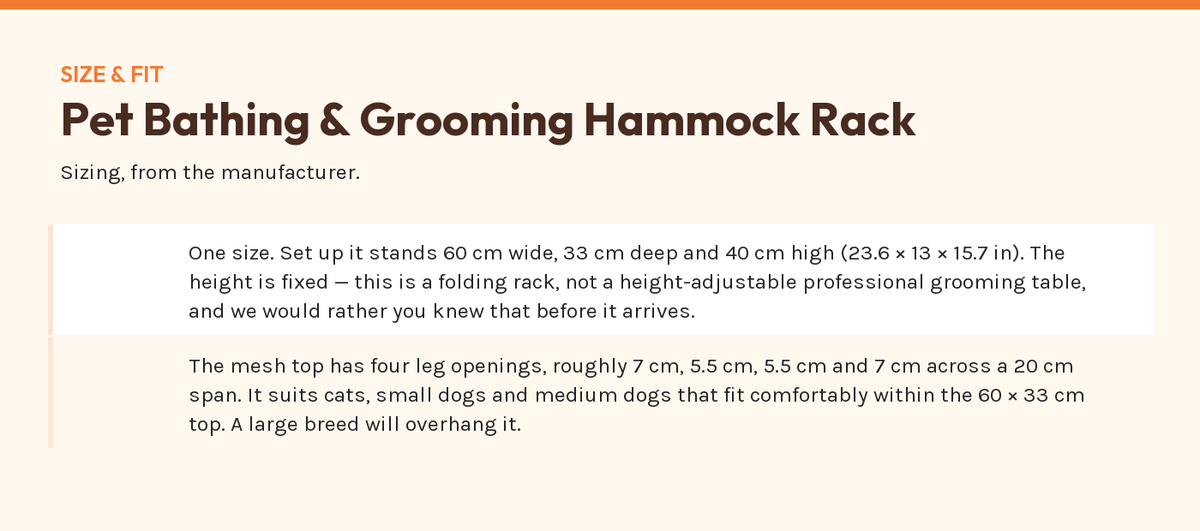 Pet Bathing & Grooming Hammock Rack — size and fit chart from the manufacturer's published figures