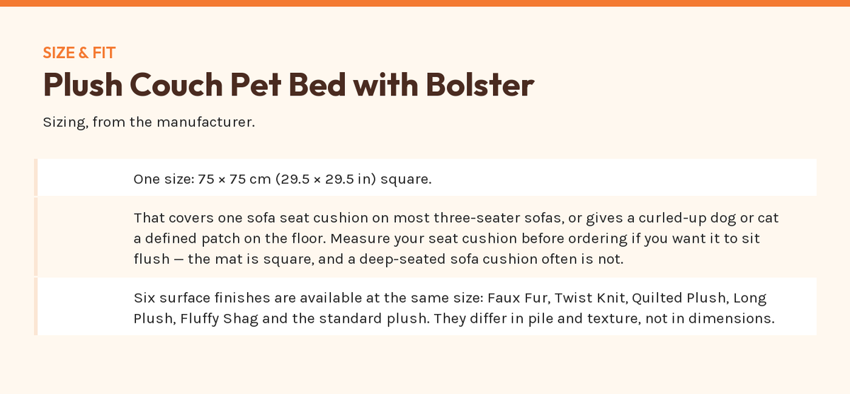 Plush Couch Pet Bed with Bolster — size and fit chart from the manufacturer's published figures