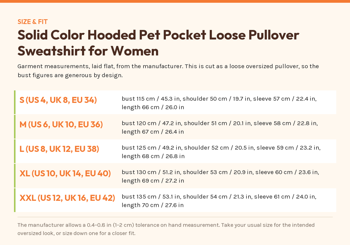 Solid Color Hooded Pet Pocket Loose Pullover Sweatshirt for Women — size and fit chart from the manufacturer's published figures