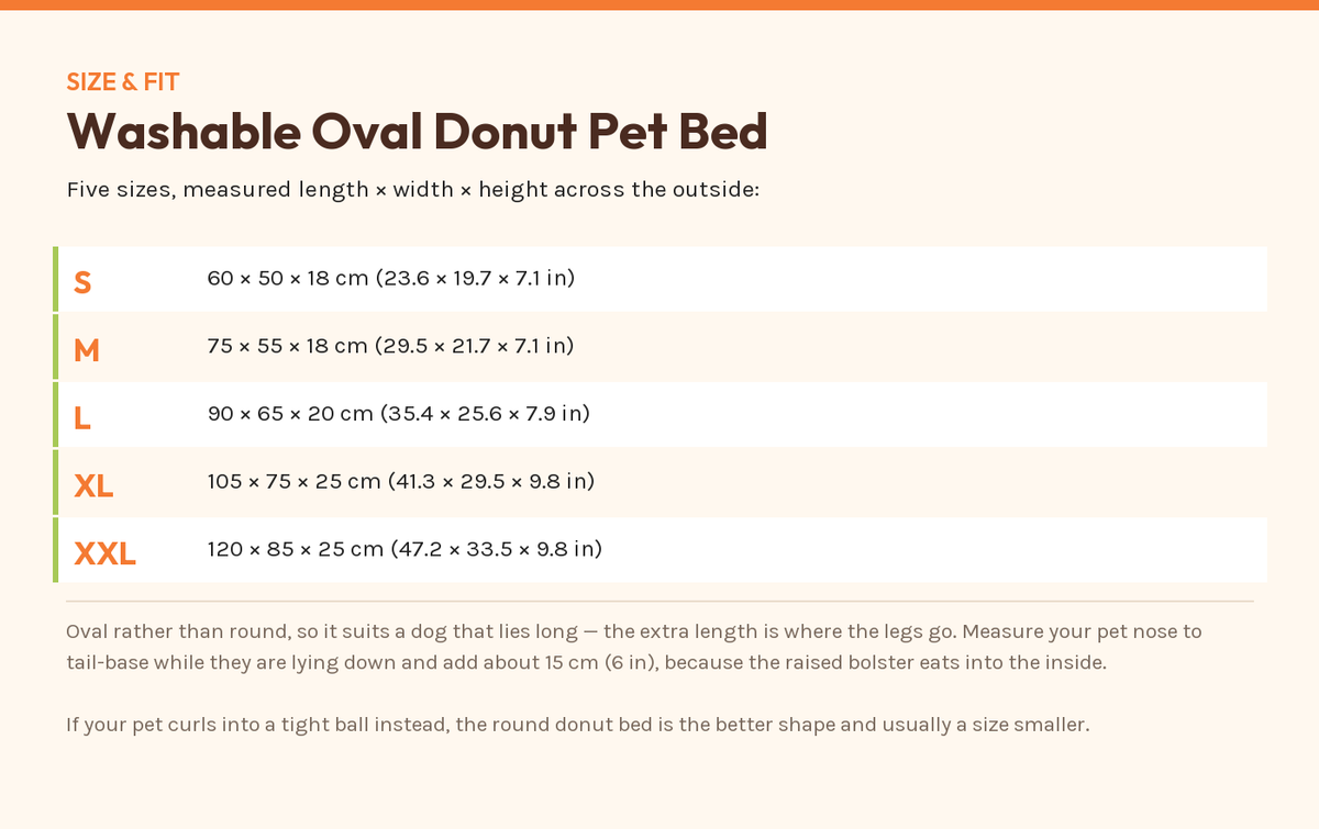 Washable Oval Donut Pet Bed — size and fit chart from the manufacturer's published figures