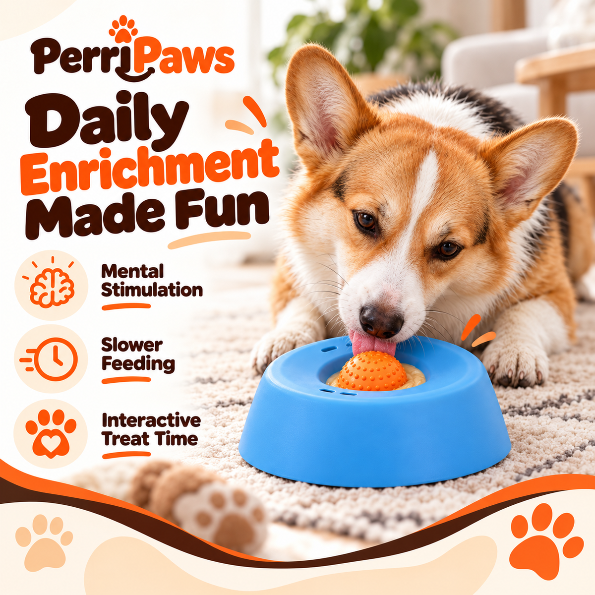 Blue lick bowl with an orange textured ball, shown with a corgi licking it