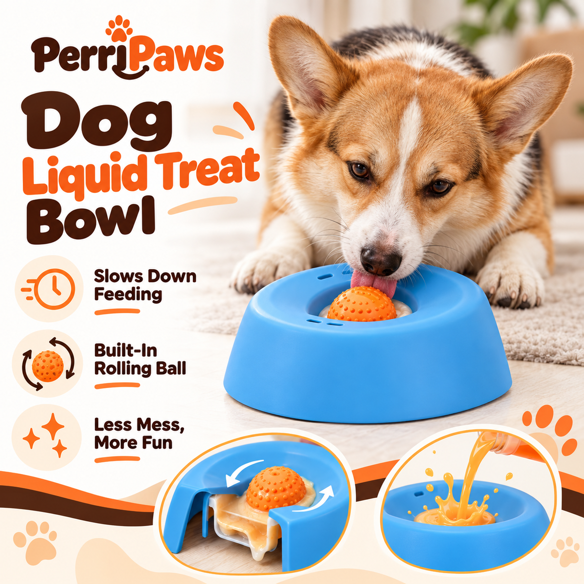 A corgi using the lick bowl, with insets of the rolling ball mechanism