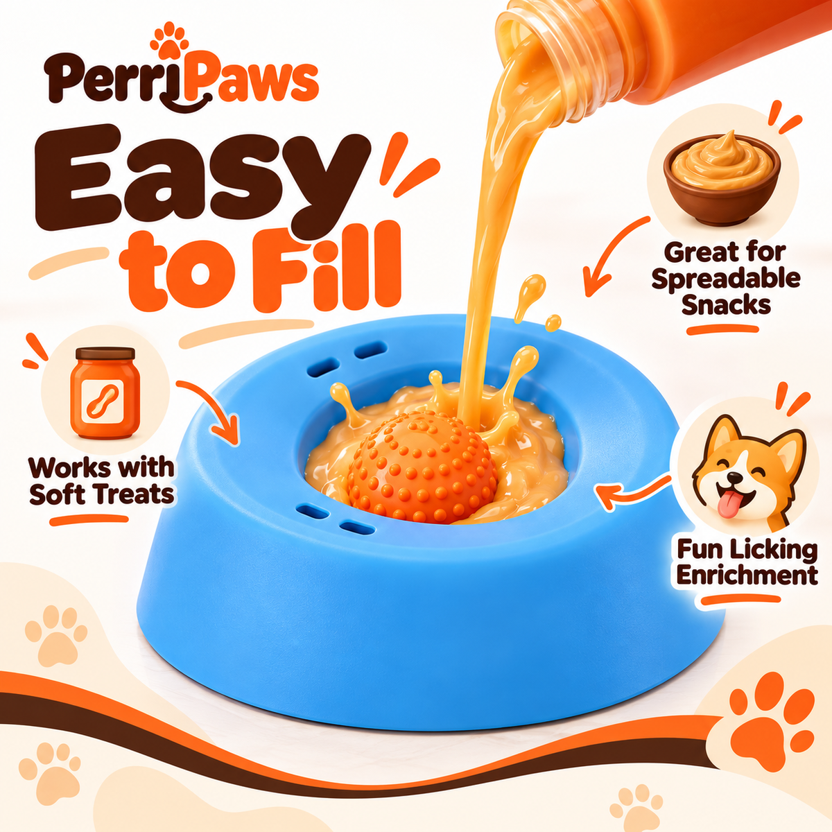 Spreadable treat being poured over the textured ball in the blue bowl