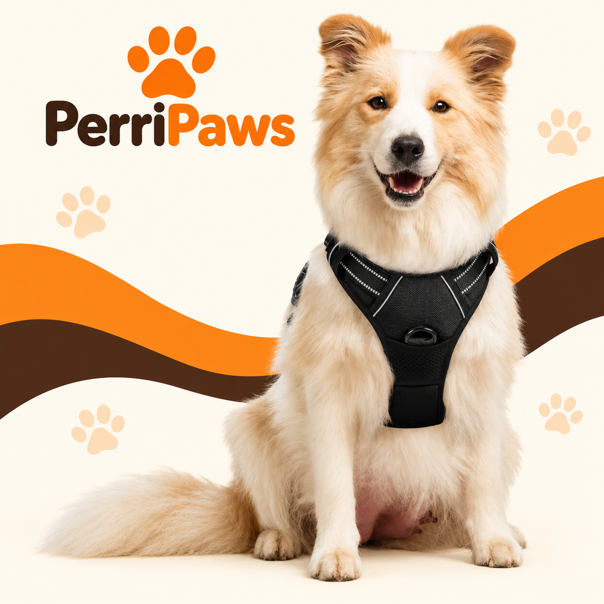 A border collie sitting in the black reflective harness