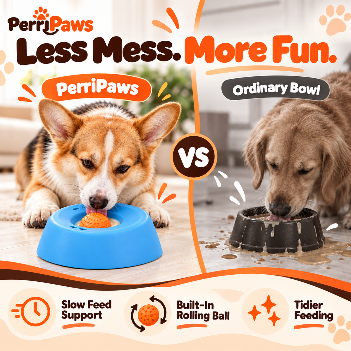 Comparison panel with a corgi at the lick bowl and a dog at an ordinary bowl