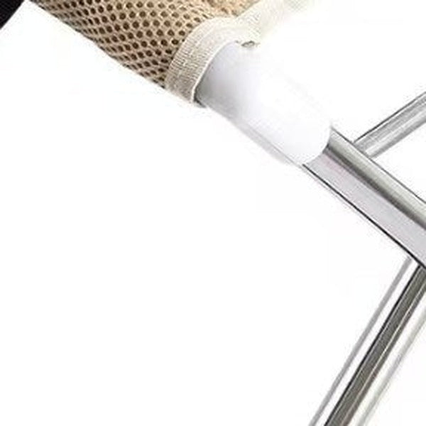 Close-up of the stainless steel folding frame and its end cap