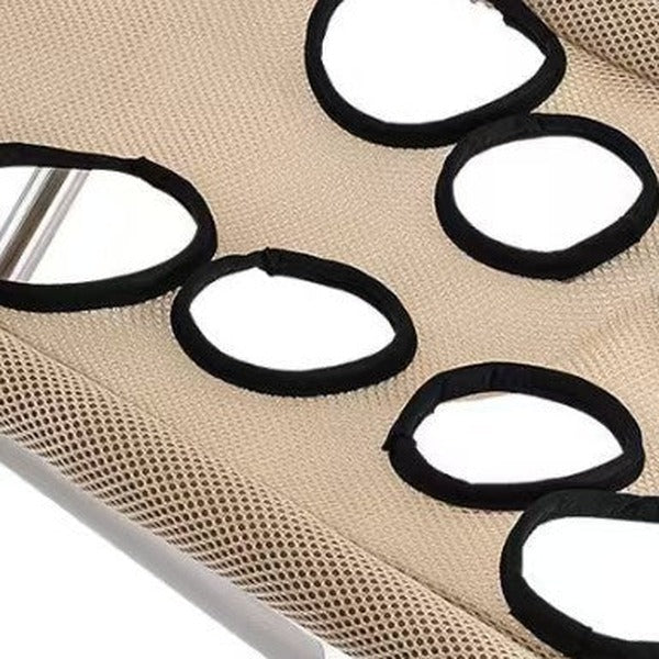 Close-up of the quick-dry mesh bed and its bound oval leg openings